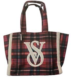 Victoria Secret Pink Red Green Plaid SherpaAccent Women's Purse NWT